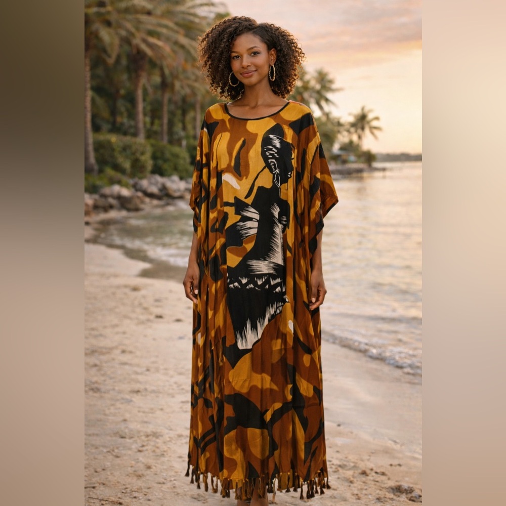 NWT Flowing Rayon Caftan Maxi Dress Boho Resort Style🔥